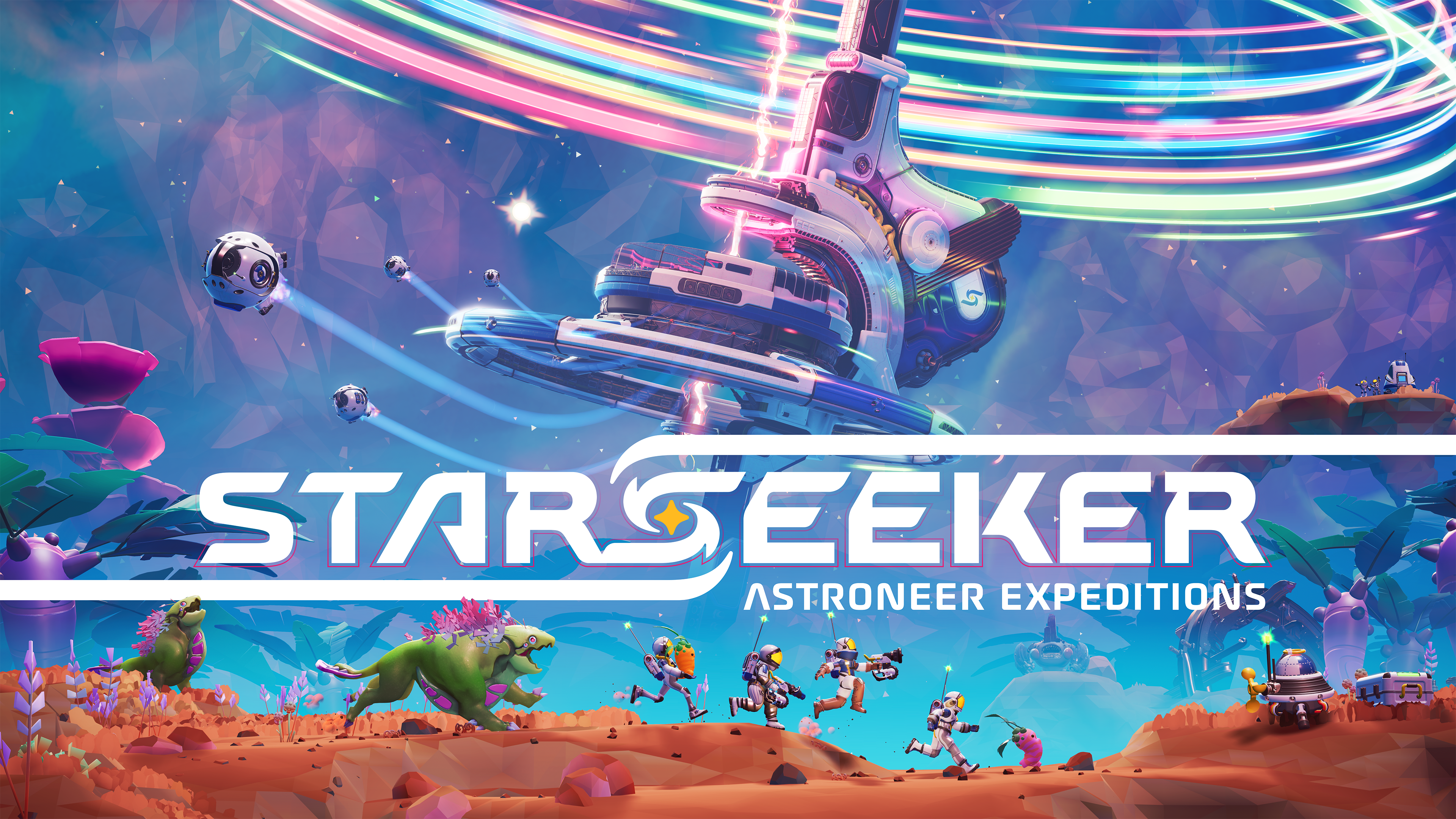 Official STARSEEKER key art with the crew and the ESS Starseeker station